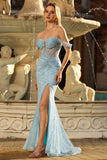 Blue Off the Shoulder Mermaid Corset Prom Dress