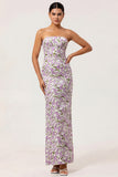 Strapless Purple Floral Sheath Long Bridesmaid Dress With Bow