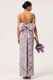 Strapless Purple Floral Sheath Long Bridesmaid Dress With Bow