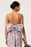 Strapless Purple Floral Sheath Long Bridesmaid Dress With Bow