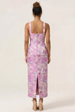 Lilac Flower Sheath Square Neck Ankle Length Wedding Guest Dress