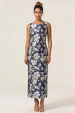 Navy Flower Sheath Printed Ankle Length Wedding Guest Dress with Slit