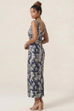 Navy Flower Sheath Printed Ankle Length Wedding Guest Dress with Slit