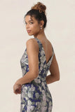 Navy Flower Sheath Printed Ankle Length Wedding Guest Dress with Slit