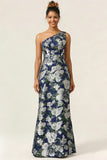 One Shoulder Mermaid Navy Flower Long Wedding Guest Dress