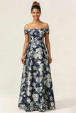 Off the Shoulder Navy Flower A Line Long Wedding Guest Dress
