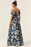 Off the Shoulder Navy Flower A Line Long Wedding Guest Dress