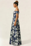 Off the Shoulder Navy Flower A Line Long Wedding Guest Dress