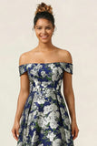 Off the Shoulder Navy Flower A Line Long Wedding Guest Dress