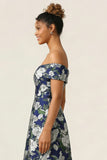 Off the Shoulder Navy Flower A Line Long Wedding Guest Dress