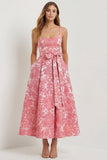 Hot Pink A Line Jacquard Square Neck Midi Wedding Guest Dress with Bow