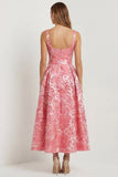 Hot Pink A Line Jacquard Square Neck Midi Wedding Guest Dress with Bow