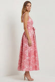 Hot Pink A Line Jacquard Square Neck Midi Wedding Guest Dress with Bow