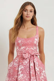 Hot Pink A Line Jacquard Square Neck Midi Wedding Guest Dress with Bow