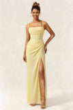Yellow Corset Ruched Chiffon Sheath Long Bridesmaid Dress With Slit
