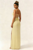 Yellow Corset Ruched Chiffon Sheath Long Bridesmaid Dress With Slit