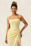 Yellow Corset Ruched Chiffon Sheath Long Bridesmaid Dress With Slit