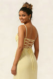Yellow Corset Ruched Chiffon Sheath Long Bridesmaid Dress With Slit
