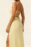 Yellow Corset Ruched Chiffon Sheath Long Bridesmaid Dress With Slit