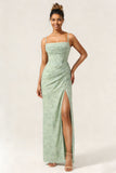 Yellow Corset Ruched Chiffon Sheath Long Bridesmaid Dress With Slit