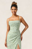 Yellow Corset Ruched Chiffon Sheath Long Bridesmaid Dress With Slit