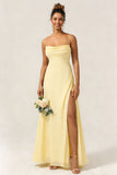 Daffodil Chiffon Spaghetti Straps A Line Long Bridesmaid Dress With Slit