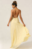 Daffodil Chiffon Spaghetti Straps A Line Long Bridesmaid Dress With Slit
