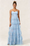 Blue Floral Spaghetti Straps A Line Long Bridesmaid Dress with Lace-up Back