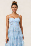 Blue Floral Spaghetti Straps A Line Long Bridesmaid Dress with Lace-up Back