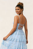 Blue Floral Spaghetti Straps A Line Long Bridesmaid Dress with Lace-up Back