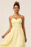 Yellow A Line Spaghetti Straps Ruffle Bridesmaid Dress