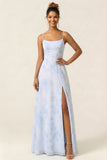 Blue Floral A Line Spaghetti Straps Long Bridesmaid Dress With Slit