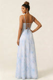 Blue Floral A Line Spaghetti Straps Long Bridesmaid Dress With Slit