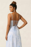 Blue Floral A Line Spaghetti Straps Long Bridesmaid Dress With Slit