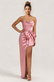 Blush Pink Satin Spaghetti Straps Sheath Long Bridesmaid Dress With Slit