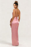 Blush Pink Satin Spaghetti Straps Sheath Long Bridesmaid Dress With Slit