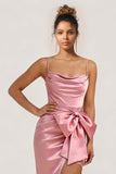 Blush Pink Satin Spaghetti Straps Sheath Long Bridesmaid Dress With Slit
