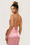 Blush Pink Satin Spaghetti Straps Sheath Long Bridesmaid Dress With Slit