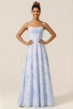 Floral Blue Corset A Line Long Bridesmaid Dress