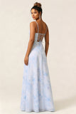 Floral Blue Corset A Line Long Bridesmaid Dress