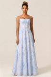 Floral Blue Corset A Line Long Bridesmaid Dress