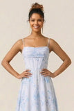 Floral Blue Corset A Line Long Bridesmaid Dress