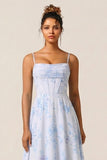 Floral Blue Corset A Line Long Bridesmaid Dress