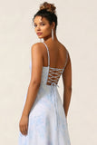 Floral Blue Corset A Line Long Bridesmaid Dress