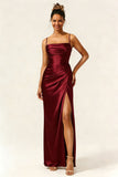 Burgundy Sheath Satin Ruched Long Bridesmaid Dress With Slit