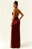 Burgundy Sheath Satin Ruched Long Bridesmaid Dress With Slit