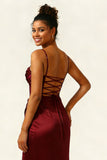 Burgundy Sheath Satin Ruched Long Bridesmaid Dress With Slit