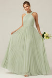 Dusty Sage A Line Halter Pleated Long Bridesmaid Dress