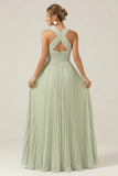 Dusty Sage A Line Halter Pleated Long Bridesmaid Dress