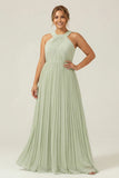 Halter A Line Dusty Sage Pleated Plus Size Long Bridesmaid Dress